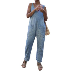 2025 Women'S Fashion Casual Denim Jumpsuits Splice Double Pockets Deep V-Neck Backless Suspenders Rompers One Piece Jeans Femme