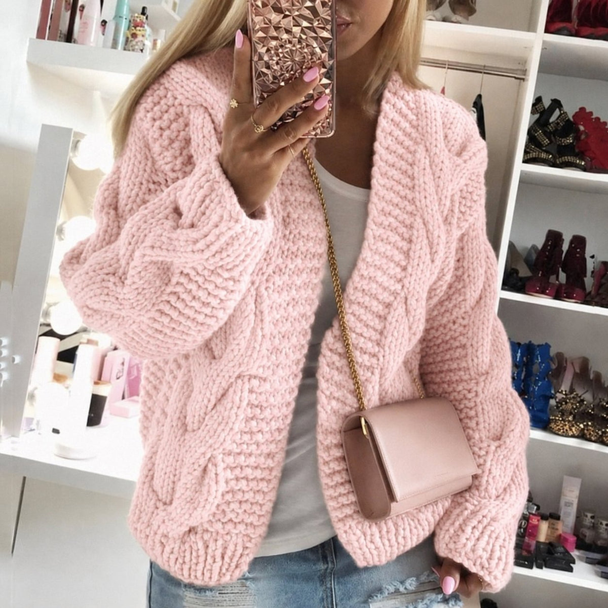 Women's Chunky Oversized Cable Knit Cardigan - Pink