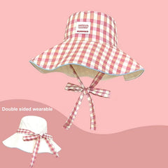 Women'S Summer Wide Brim Double Sided Sun Hat Plaid Lace up Fisherman Hat Uv Protection Bucket Hat Outdoor Travel Sunshade Cap