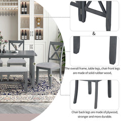 Dining Table Set for 6, Farmhouse Dining Table Set with Foldable Table, Bench & 4 Chairs, Kitchen Table Sets with Chairs, Dining Room Set for Home Apartment Dorm, Gray
