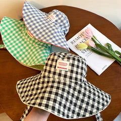 Women'S Summer Wide Brim Double Sided Sun Hat Plaid Lace up Fisherman Hat Uv Protection Bucket Hat Outdoor Travel Sunshade Cap