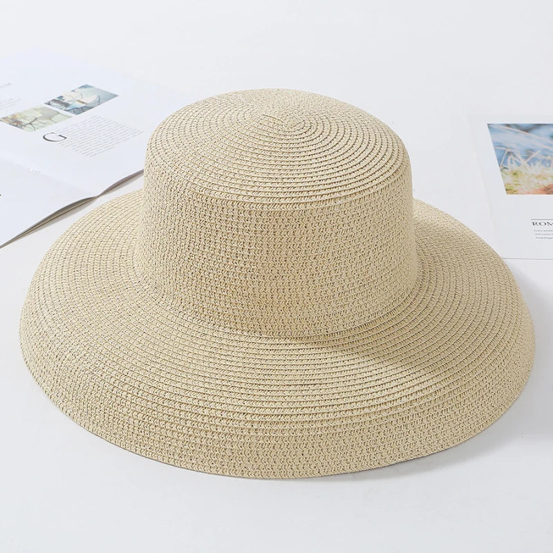 HT2303 2023 New Summer Sun Hats Ladies Solid Plain Elegant Wide Brim Hat Female round Top Panama Floppy Straw Beach Hat Women