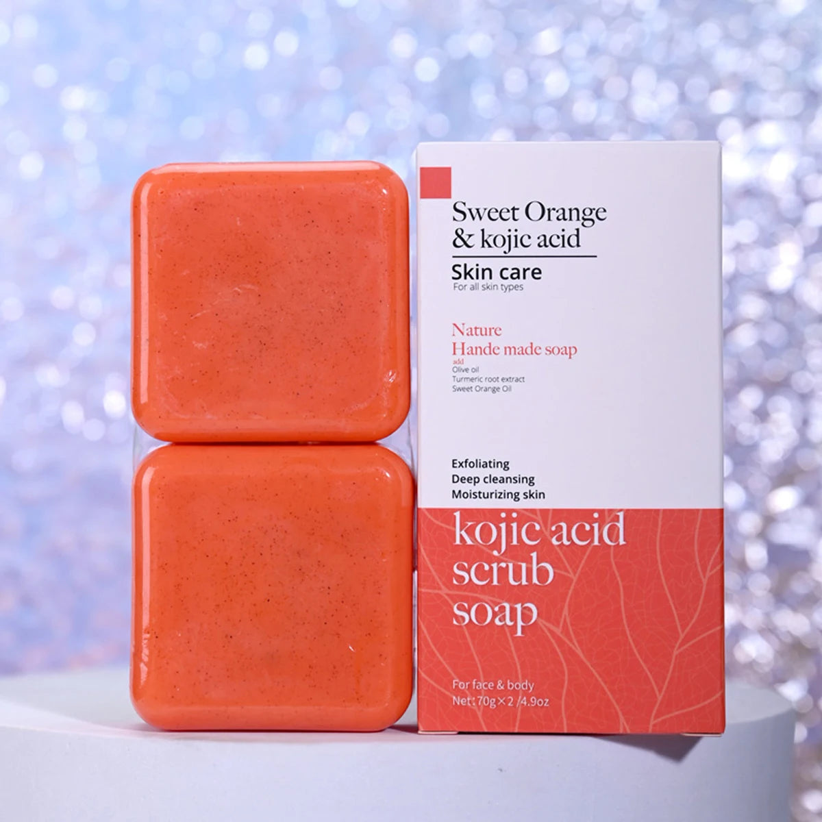 Kojic Acid Scrub Soap Orange Fragrance Body Face Wash Nature Ingredient Papaya Floral Pattern Paper Style Bath