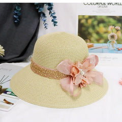 Fashion Women Summer New Women'S Sun Hat Bucket Cap Beige Lace Bowknot Flowers Ribbon Flat Top Straw Hat Beach Caps Panama Gift
