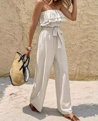 Summer Sleeveless Strapless Ruffled Lace up Jumpsuit for Women, Elegant and Casual, Solid Color Pleated High Waisted Jumpsuit