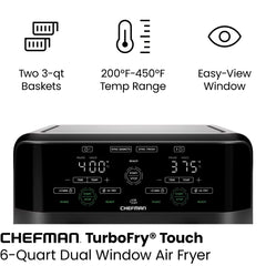 6 Quart Dual Basket Air Fryer Oven with Easy View Windows, Sync Finish, Hi-Fry, Auto Shutoff, 2 Independent