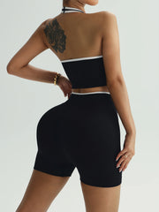 Gym Exercise Set for Women 2Pcs Set Yoga Suit Black and White Patchwork Fashionable Halter Top High-Waisted Breathable Shorts