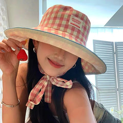 Women'S Summer Wide Brim Double Sided Sun Hat Plaid Lace up Fisherman Hat Uv Protection Bucket Hat Outdoor Travel Sunshade Cap
