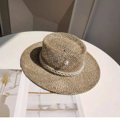 Summer Straw Hat Pearl Pin Women'S Summer Seaside Sunshade Hollow Groove Flat Top Straw Hat Sombrero 여성모자