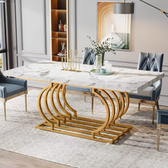 Dining Table, 63 Inch Faux Marble Wood Kitchen Table for 6 People, Rectangular Dinner Room Table Geometric Frame for Kitchen