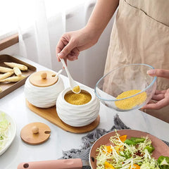 Ceramic Spice Jar Set-  Sugar Bowl Coffee Accessories With Bamboo Lid and Tray.
