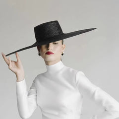 2022 New Spring Summer 18Cm Wide Brim Black Straw Hat Flat Top Straw Hats for Women Elegant French Retro Sun Hat Designer Hat