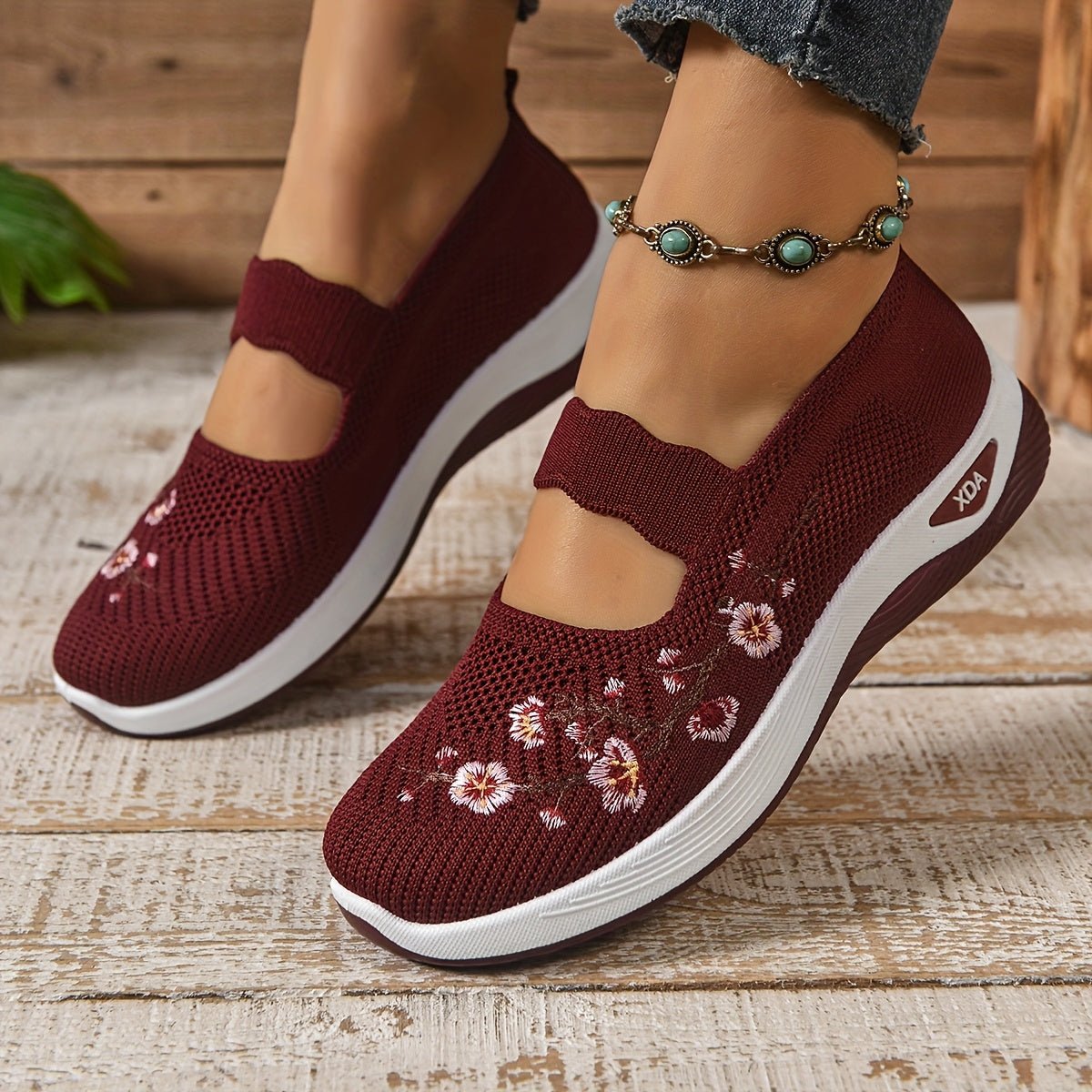 Women's Floral Mary Jane Slip-On Knit Platform Trainers