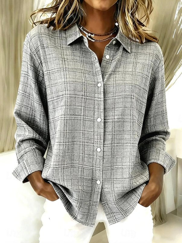 Women's Oversized Plaid Long Sleeve Shirt - Grey
