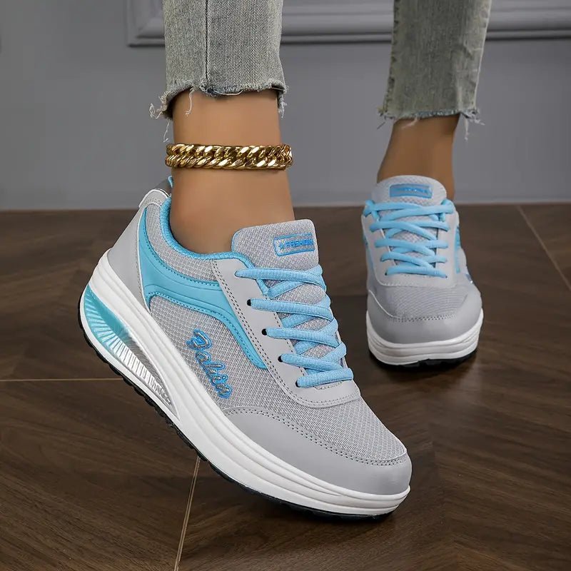 Women's Platform Wedge Lace-Up Leather Trainers - Grey Blue