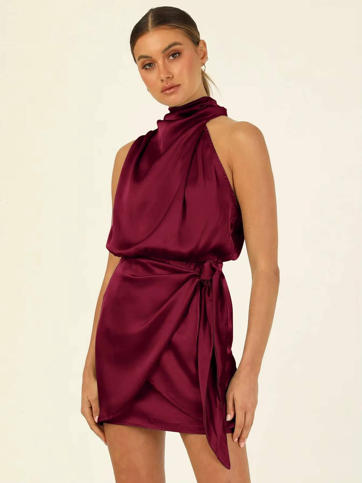 Women's Satin Halter Wrap Mini Party Dress - Burgundy Red
