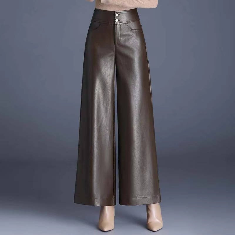 Women's High-Waisted Wide-Leg Faux Leather Trousers - Coffee