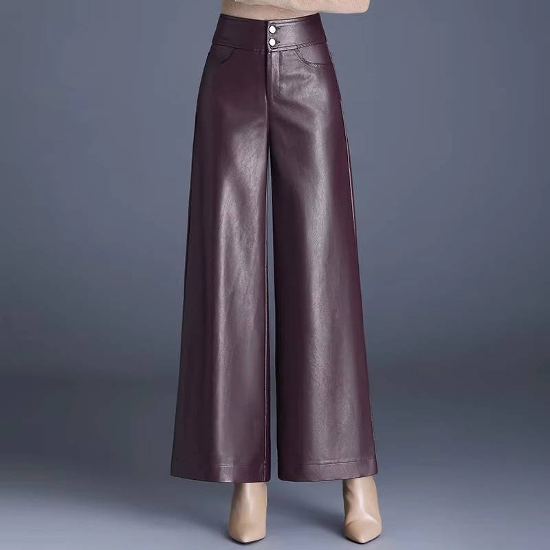 Women's High-Waisted Wide-Leg Faux Leather Trousers - Angola Red