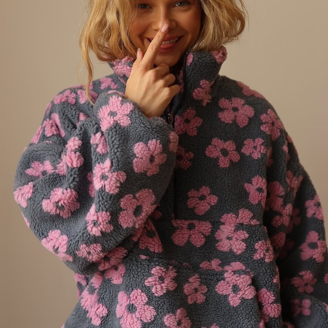 Women's Oversized Floral Sherpa Jumper - Pink