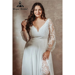 Long Sleeve V Neck Lace Appliques plus Size Wedding Dress for Women 2025 Overweight Bridal Gown Customzied Robe Mariee Boheme