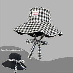 Women'S Summer Wide Brim Double Sided Sun Hat Plaid Lace up Fisherman Hat Uv Protection Bucket Hat Outdoor Travel Sunshade Cap