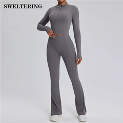 Women'S 2Pcs Yoga Suit Tight Fitting Sports Set Workout Breathable Fitness Bra Gym Long Sleeve Crop Top Bell-Bottoms Leggings