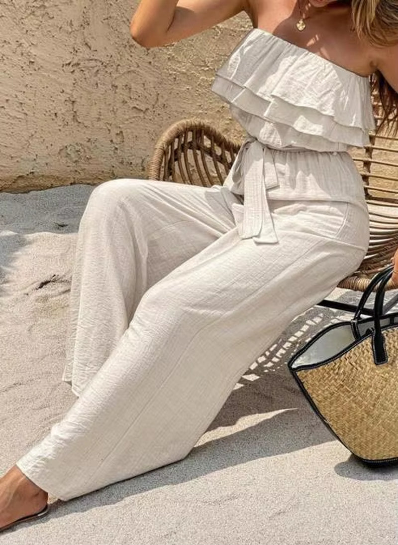 Summer Sleeveless Strapless Ruffled Lace up Jumpsuit for Women, Elegant and Casual, Solid Color Pleated High Waisted Jumpsuit