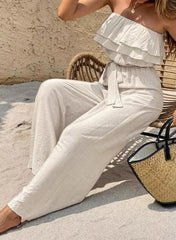 Summer Sleeveless Strapless Ruffled Lace up Jumpsuit for Women, Elegant and Casual, Solid Color Pleated High Waisted Jumpsuit