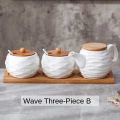 Ceramic Spice Jar Set-  Sugar Bowl Coffee Accessories With Bamboo Lid and Tray.