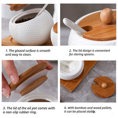 Ceramic Spice Jar Set-  Sugar Bowl Coffee Accessories With Bamboo Lid and Tray.