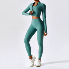 3PCS Yoga Set Women Workout Sets Sportswear Gym Clothing Fitness Zipper Long Sleeve High Waist Leggings Sports Suits Yoga Suit