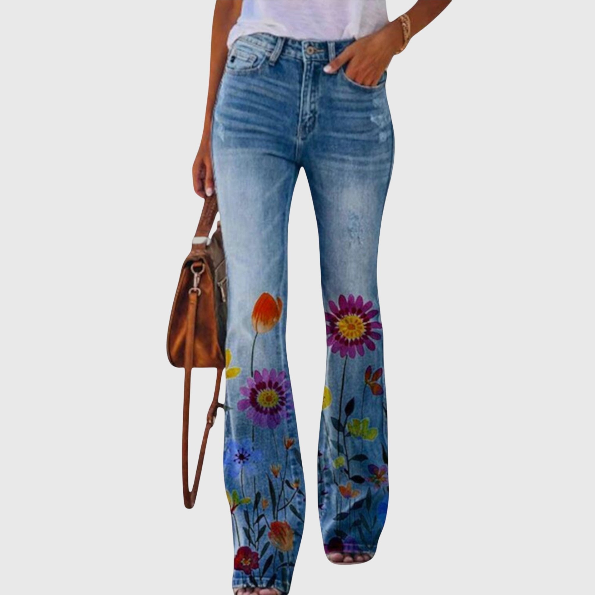 Women's Floral High-Waisted Flare Jeans - Red Flower