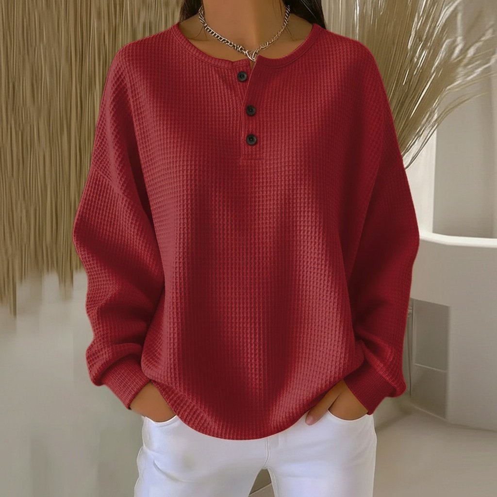 Women's Oversized Waffle Knit Henley Long Sleeve Top - Red