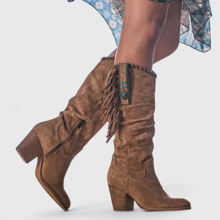Women's Suede Fringe Western Knee-High Boots - Brown
