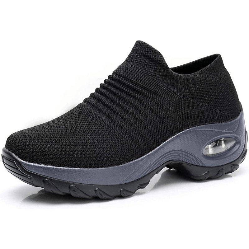 Women's Chunky Knit Platform Slip-On Wedge Trainers - Black (Gray Sole)