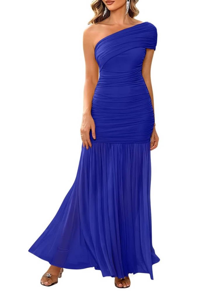 Women's Mermaid One-Shoulder Bodycon Maxi Party Gown - Royal Blue