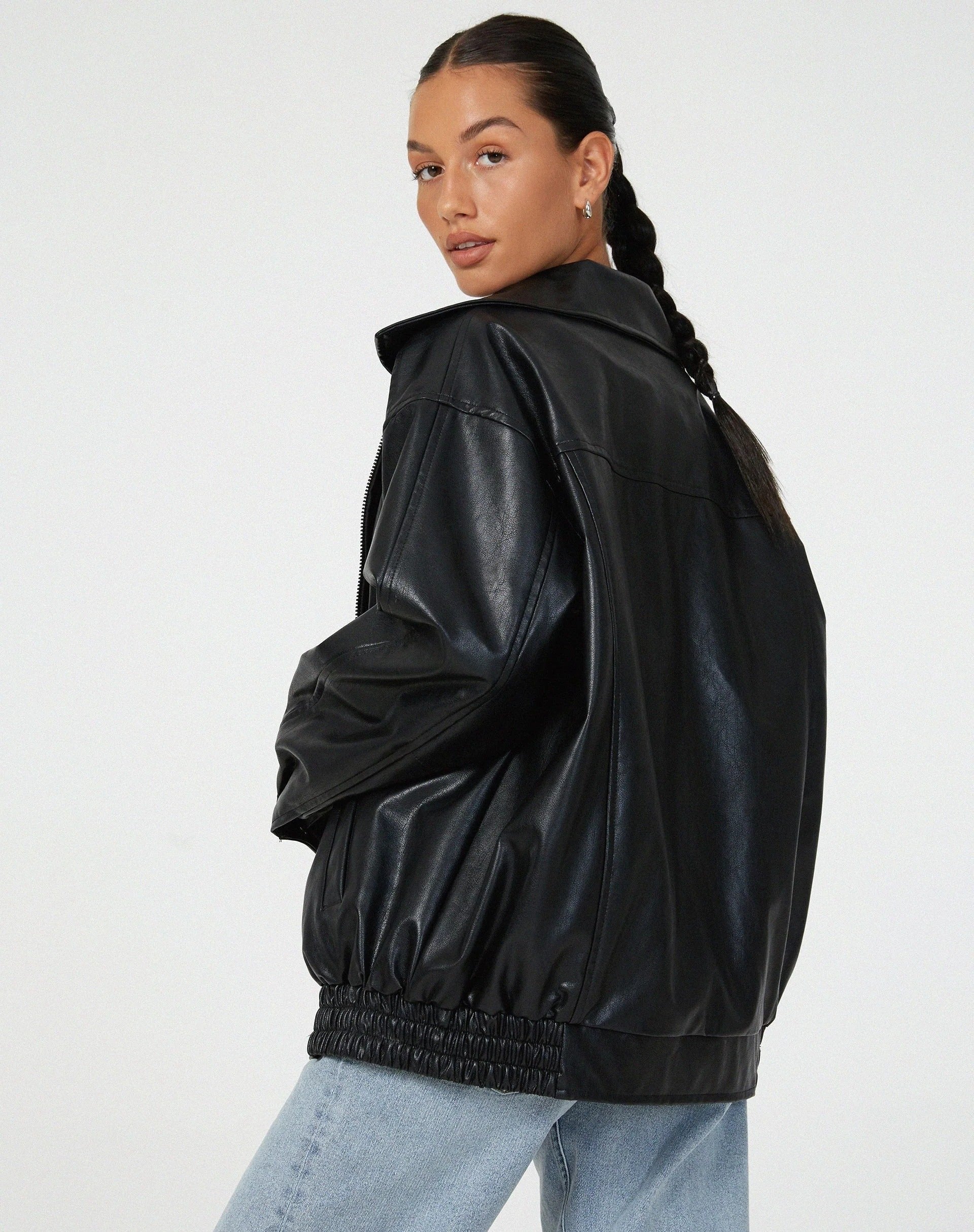 Women's Oversized Faux Leather Bomber Jacket