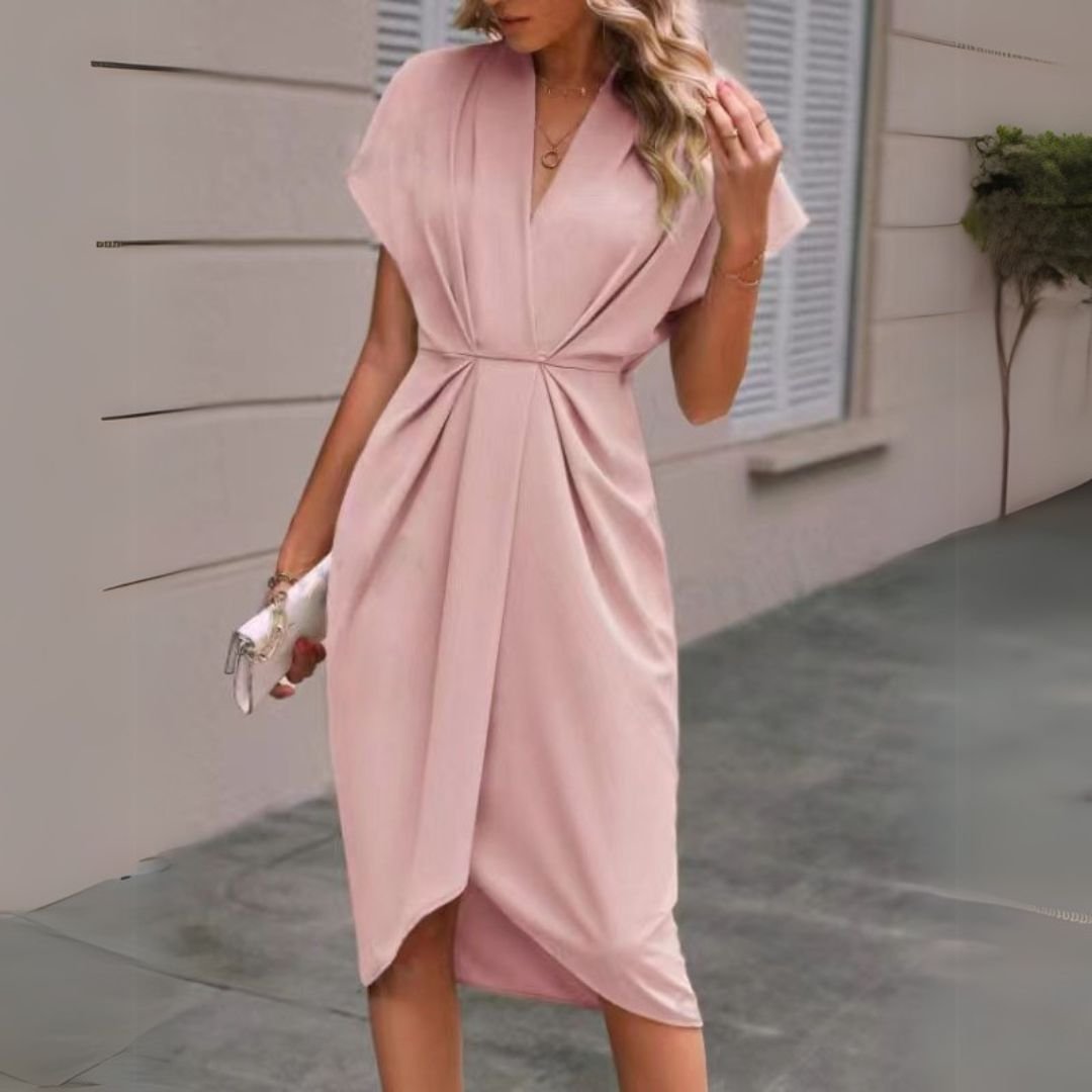 Women's Black Satin Wrap Midi Party Dress - Pink