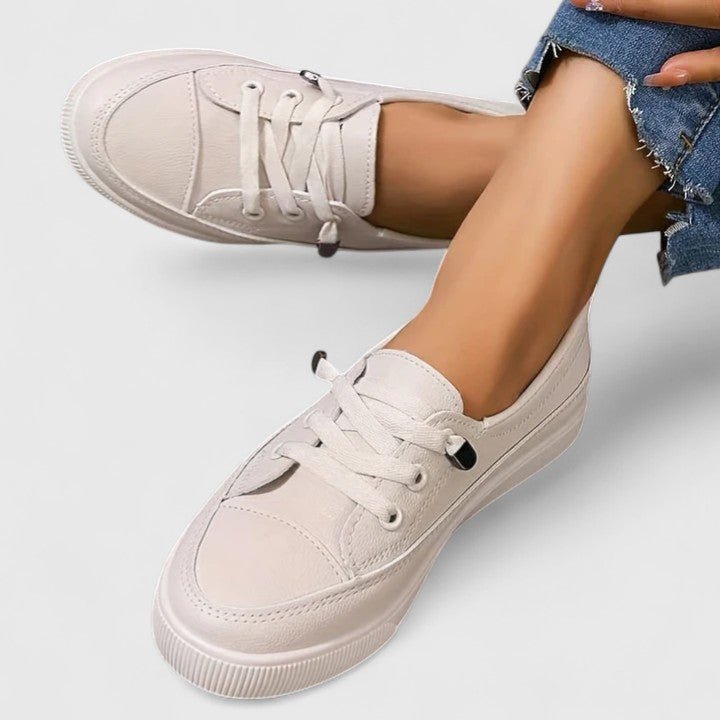 Women's Chunky Lace-Up Platform Leather Trainers - Beige