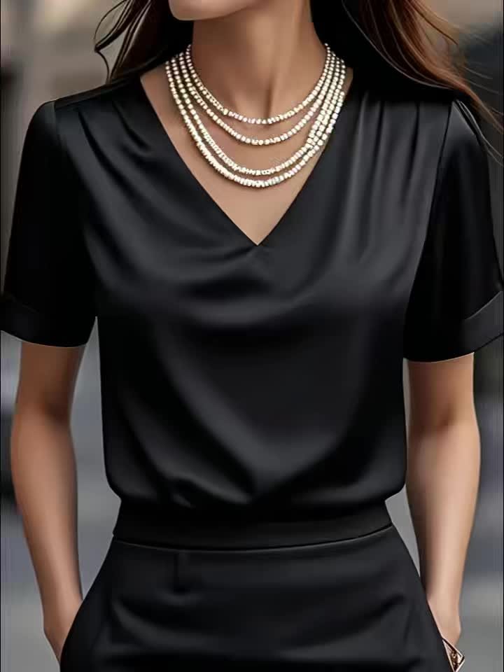 Women's Black V-Neck Satin Blouse