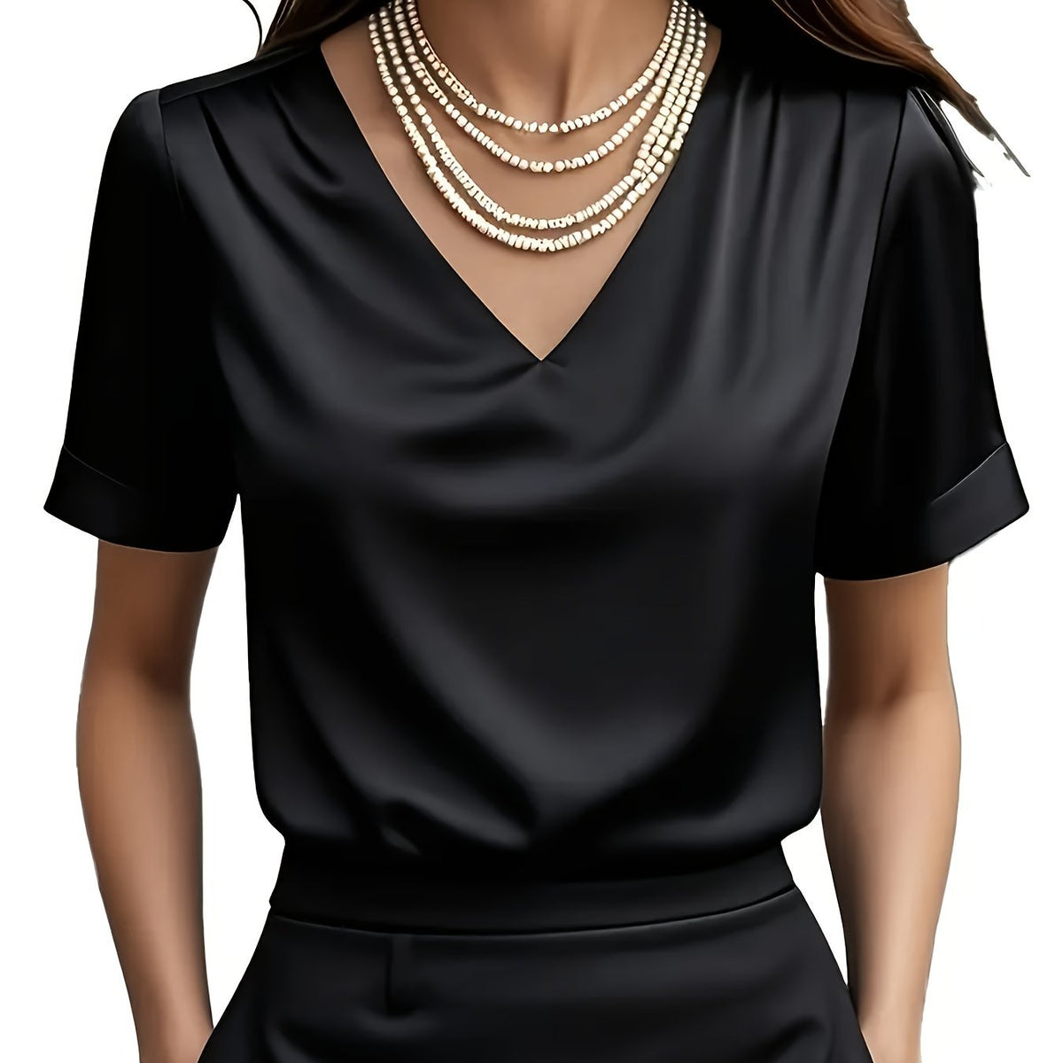 Women's Black V-Neck Satin Blouse - Black