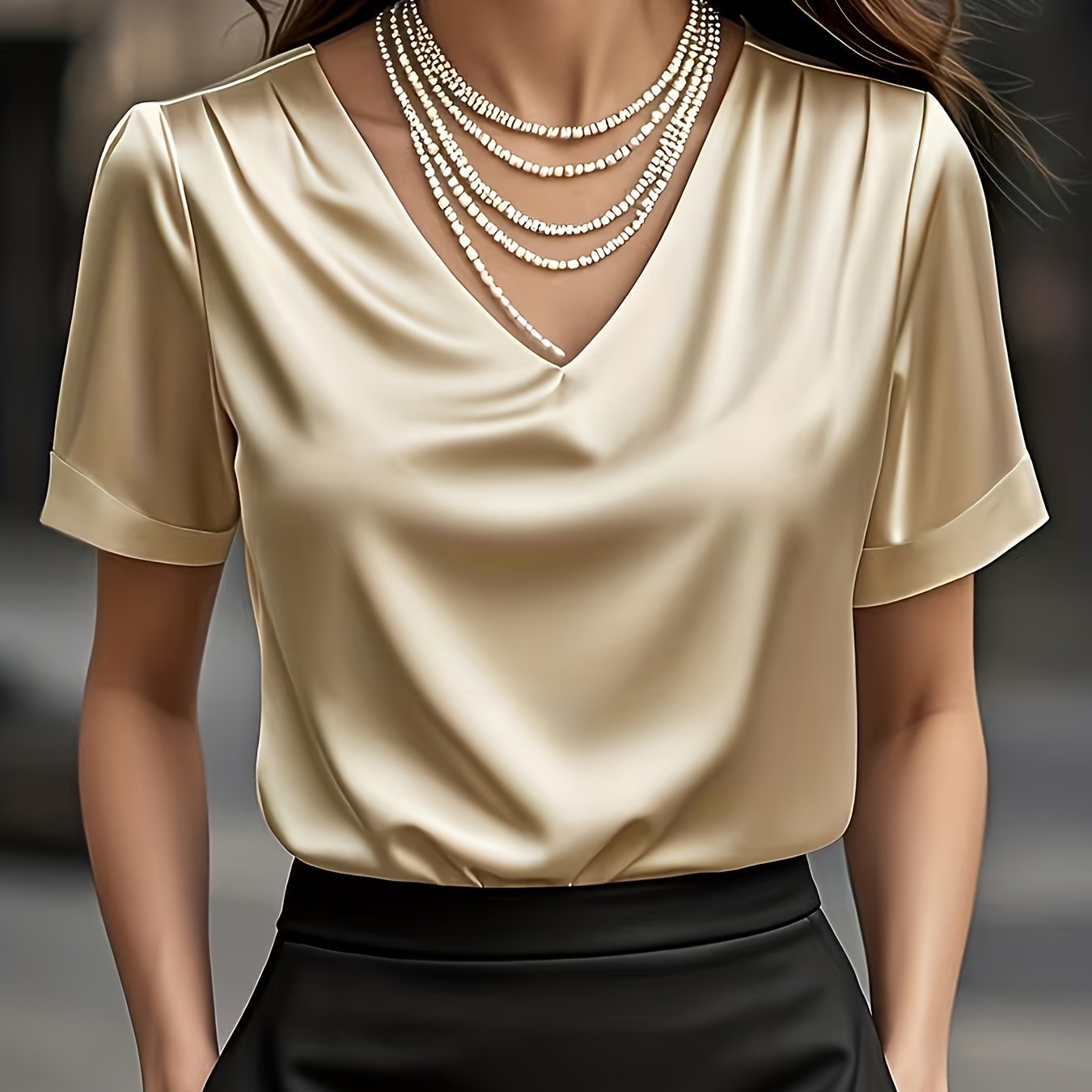 Women's Black V-Neck Satin Blouse - Champagne
