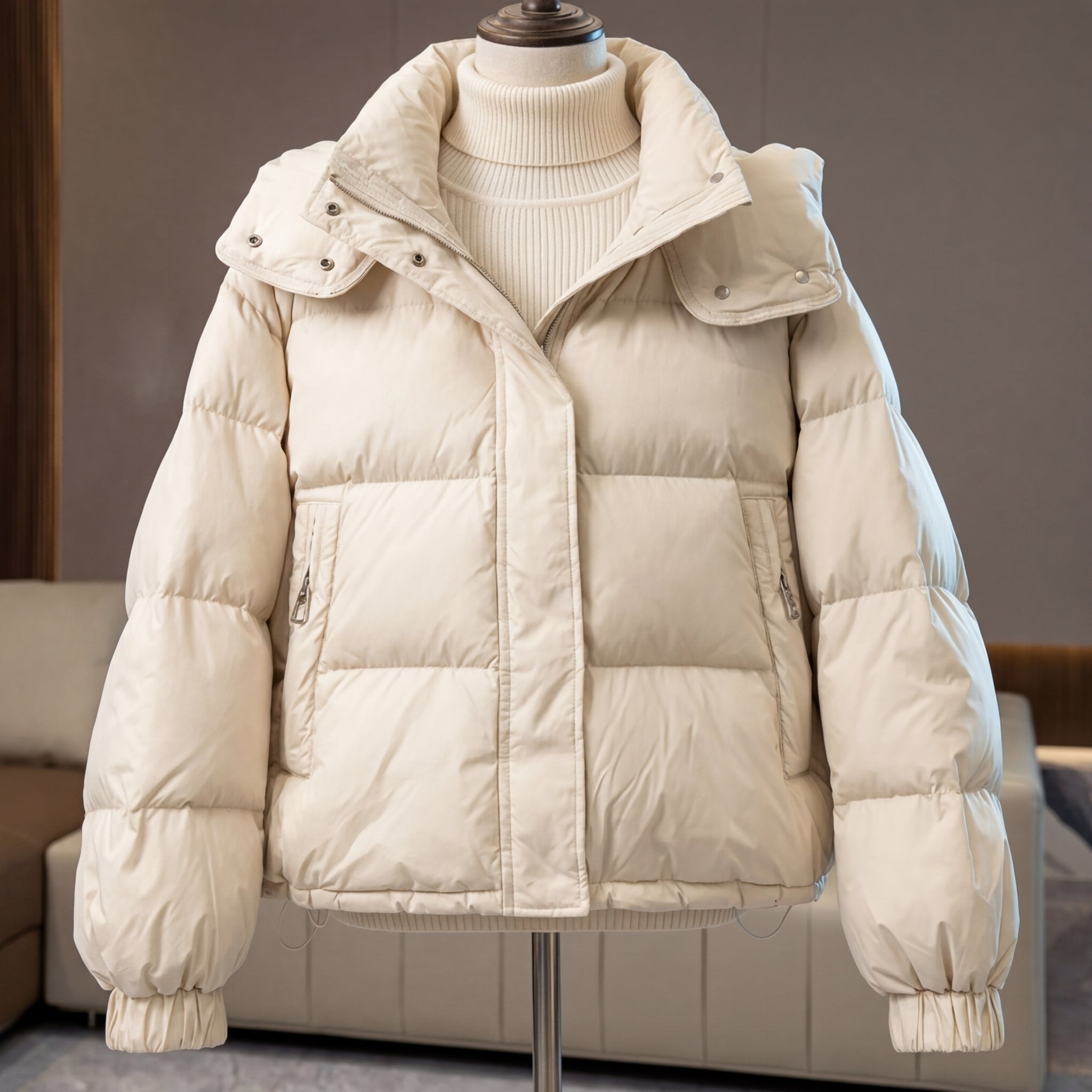 Women's Cropped Oversized Puffer Jacket - Cream