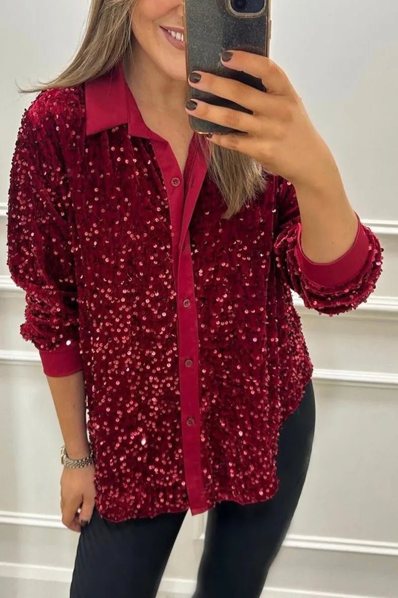 Women's Oversized Sequin Long Sleeve Shirt - Red