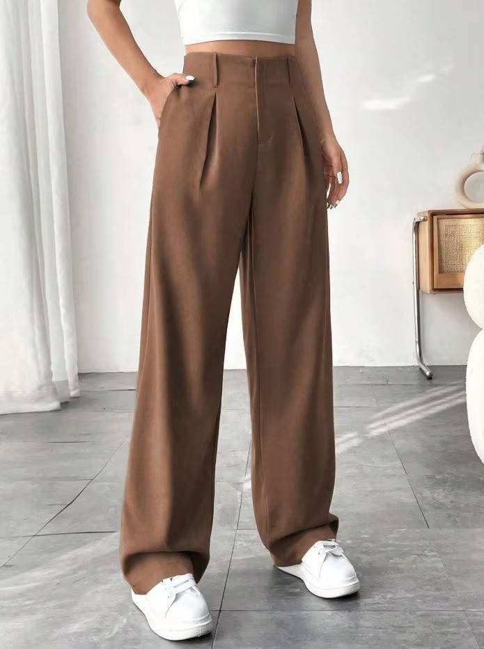 Women's High-Waisted Pleated Wide-Leg Trousers - Camel
