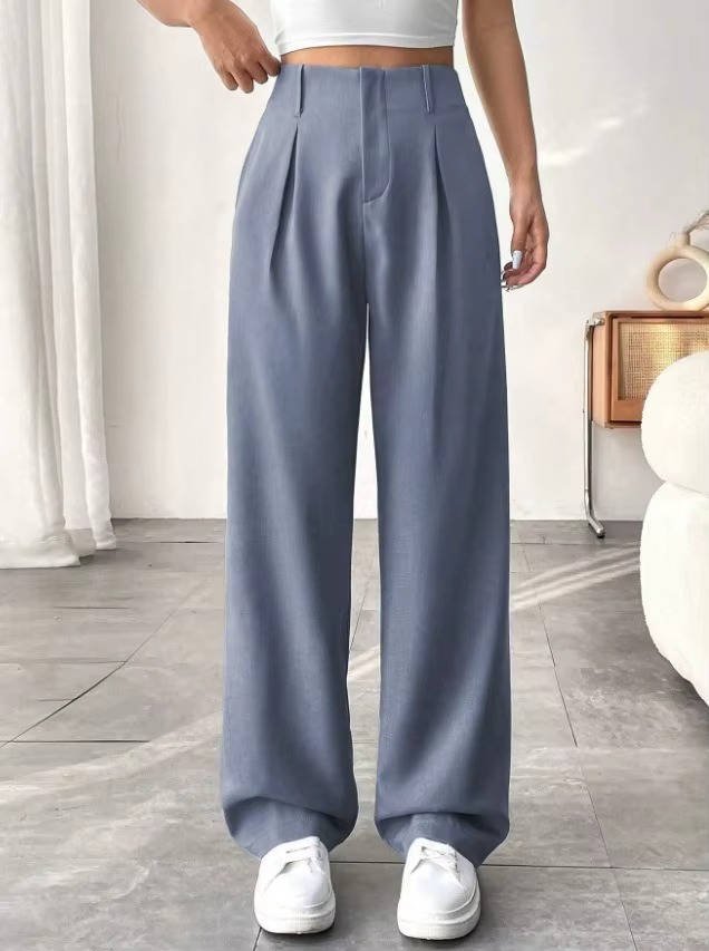 Women's High-Waisted Pleated Wide-Leg Trousers - Blue