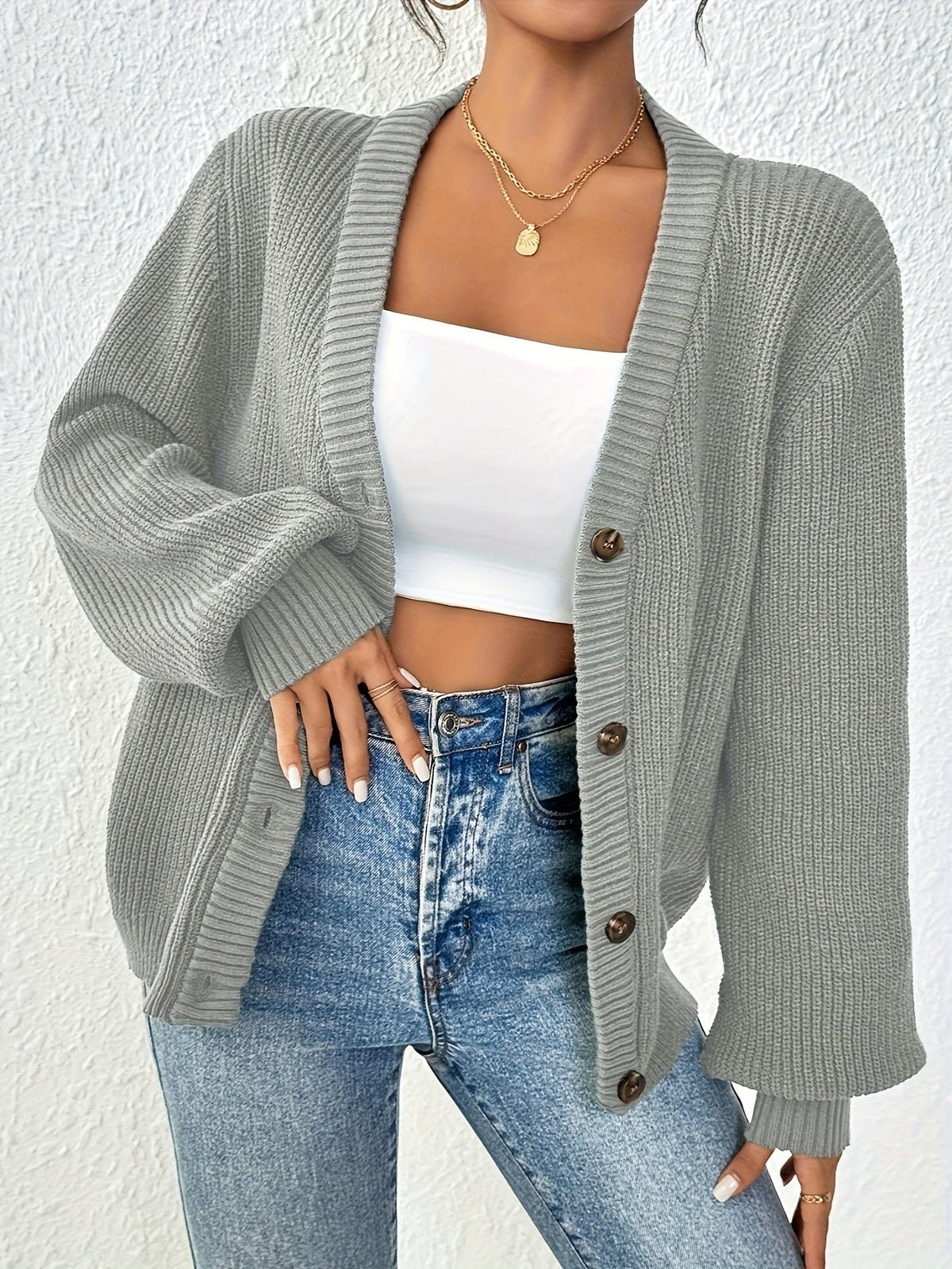 Women's Chunky Cropped Ribbed V-Neck Cardigan