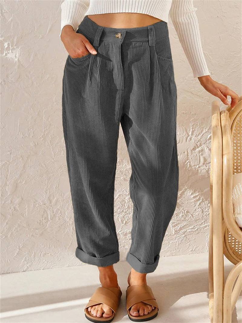 Women's High-Waisted Pleated Corduroy Trousers - Gray