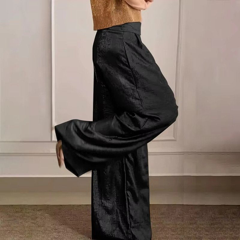 Women's High-Waisted Pleated Satin Wide-Leg Trousers - Black