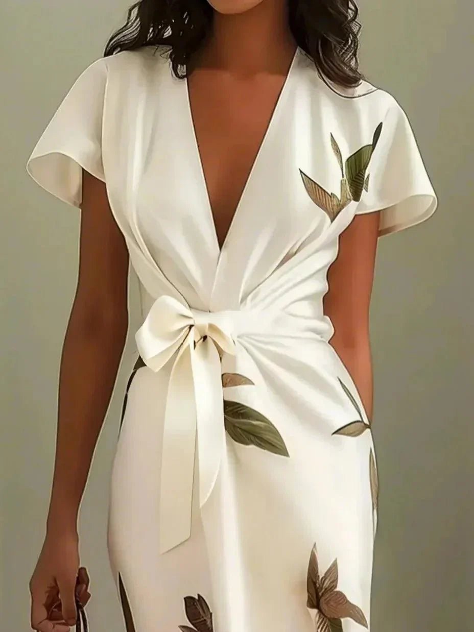 Women's Floral Satin Wrap Midi Party Dress